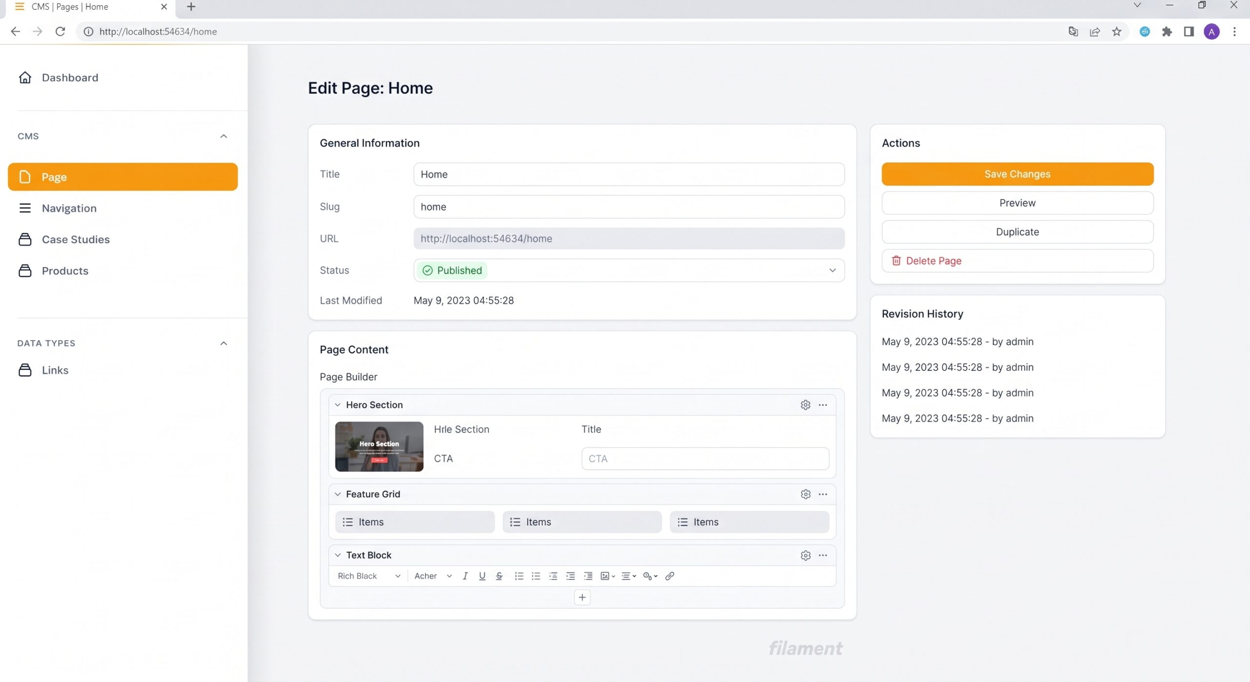 Screenshot of the Laravel FilamentPHP admin panel interface showing a dashboard and resource table.
